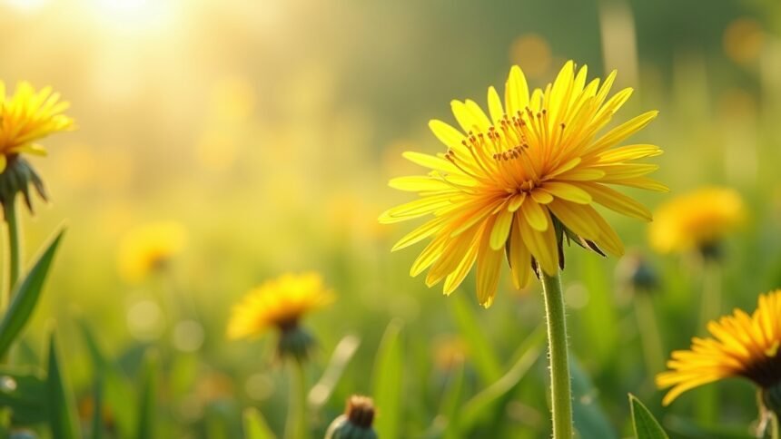 Pitypang virág a napfényben, egészséges gyógynövény