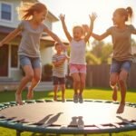 Gyerekek ugrálnak a trambulinen a napfényben, szabadban játszva.