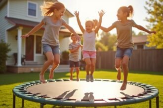 Gyerekek ugrálnak a trambulinen a napfényben, szabadban játszva.