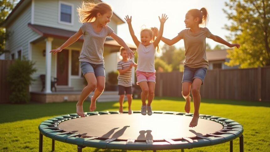 Gyerekek ugrálnak a trambulinen a napfényben, szabadban játszva.