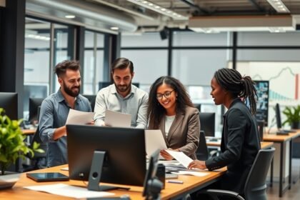 Négy szakember közösen dolgozik egy modern irodában, feladatokat átbeszélve.