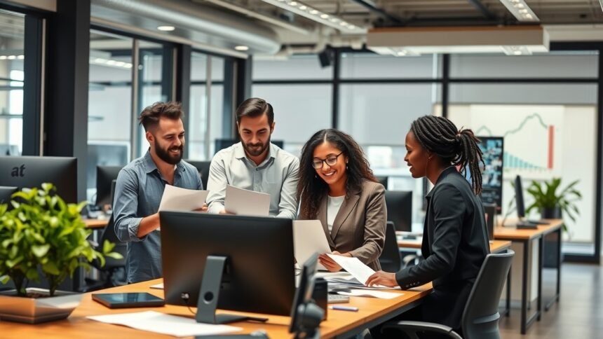 Négy szakember közösen dolgozik egy modern irodában, feladatokat átbeszélve.