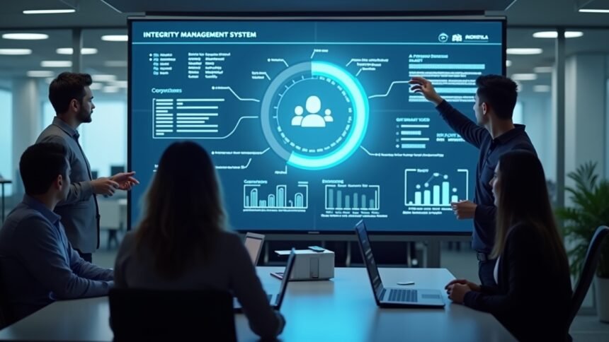 Integritásirányítási rendszer bemutatója egy cég értekezletén.