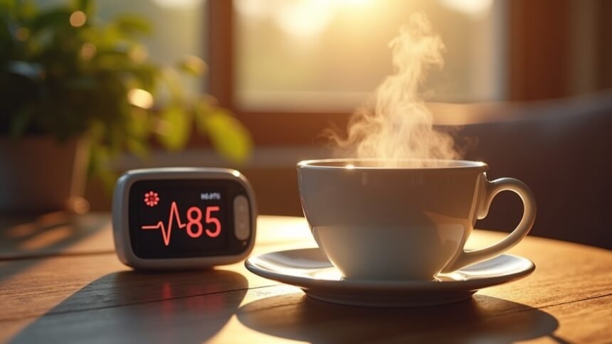 Gőzölgő kávé és pulzusszámmérő, egészség és kávé hatásai