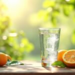 Frissítő ionizált víz és narancsok természetes környezetben.