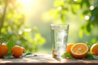 Frissítő ionizált víz és narancsok természetes környezetben.