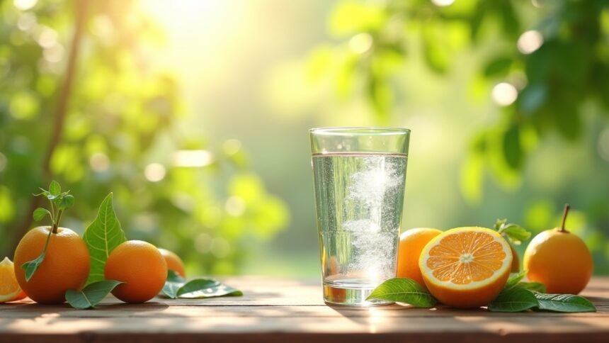 Frissítő ionizált víz és narancsok természetes környezetben.