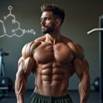 Izmos férfi edzés közben, glutamin molekula ábrázolásával