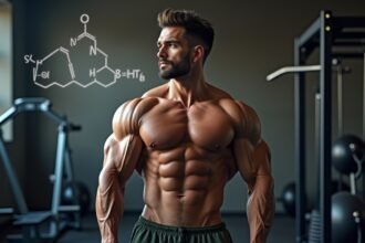 Izmos férfi edzés közben, glutamin molekula ábrázolásával