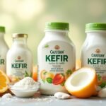 Kaukázusi kefir palackok friss gyümölcsökkel és egészséges hozzávalókkal.