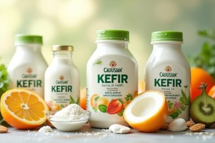 Kaukázusi kefir palackok friss gyümölcsökkel és egészséges hozzávalókkal.