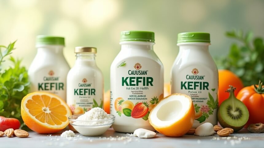 Kaukázusi kefir palackok friss gyümölcsökkel és egészséges hozzávalókkal.