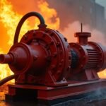 Tűzoltó szivattyú működés közben, tűz mellett