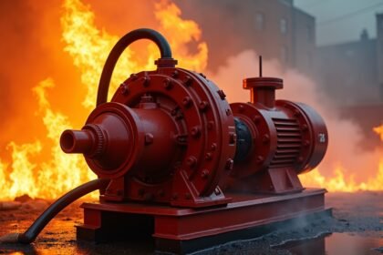 Tűzoltó szivattyú működés közben, tűz mellett