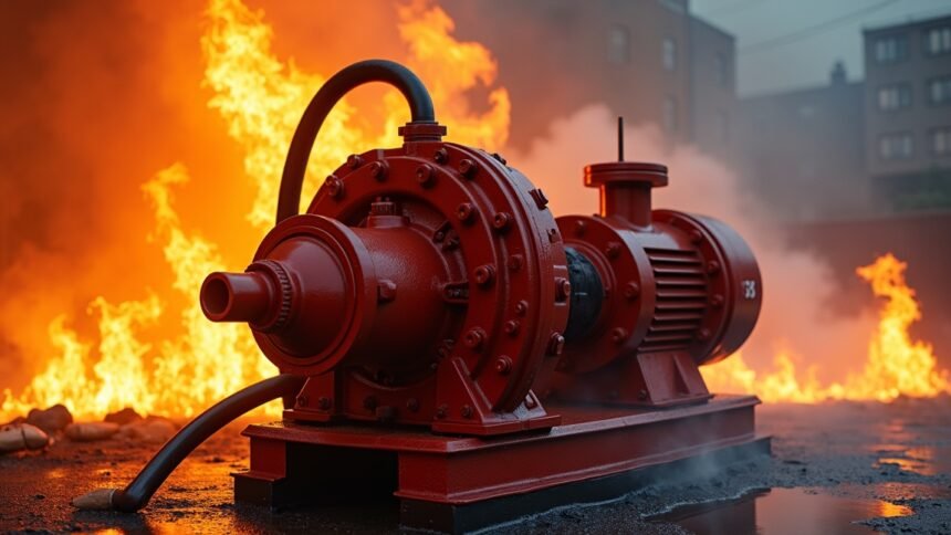 Tűzoltó szivattyú működés közben, tűz mellett