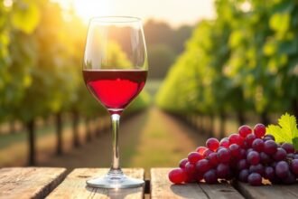 Pohár vörösbor mellett szőlőfürt, napfényes szőlőültetvény hátterével.