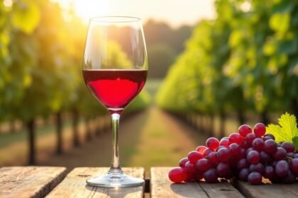 Pohár vörösbor mellett szőlőfürt, napfényes szőlőültetvény hátterével.