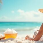 Nő sós víz és szépségápolási termékek mellett a tengerparton.