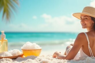 Nő sós víz és szépségápolási termékek mellett a tengerparton.