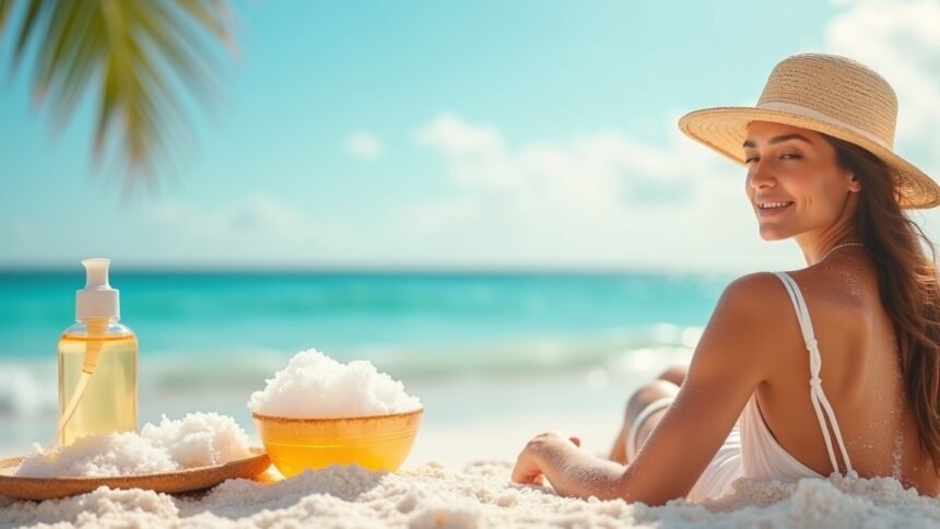 Nő sós víz és szépségápolási termékek mellett a tengerparton.