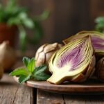 Friss csicsóka szeletek tálcán, háttérben zöld fűszernövényekkel.