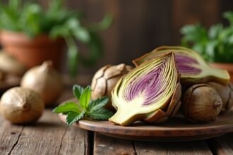 Friss csicsóka szeletek tálcán, háttérben zöld fűszernövényekkel.