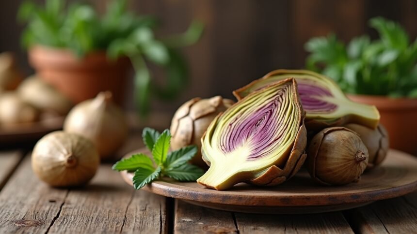 Friss csicsóka szeletek tálcán, háttérben zöld fűszernövényekkel.