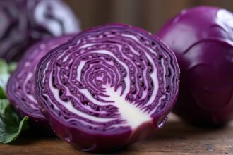 Szeletelt lilakáposzta friss levéllel a fából készült asztalon.