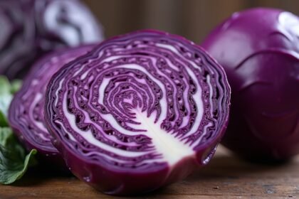 Szeletelt lilakáposzta friss levéllel a fából készült asztalon.