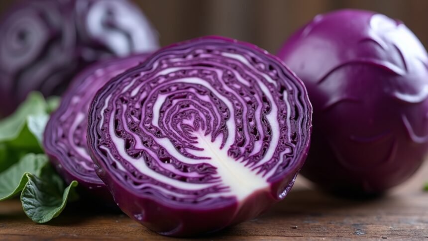 Szeletelt lilakáposzta friss levéllel a fából készült asztalon.