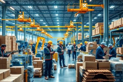 Logisztikai raktár, ahol dolgozók hatékonyan szervezik a munkát