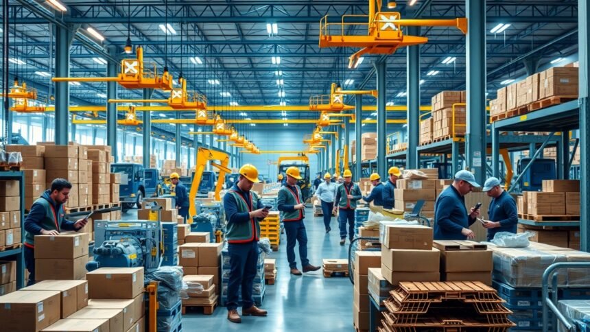 Logisztikai raktár, ahol dolgozók hatékonyan szervezik a munkát