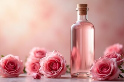 Damaszkuszi rózsavíz és rózsák egy romantikus háttér előtt