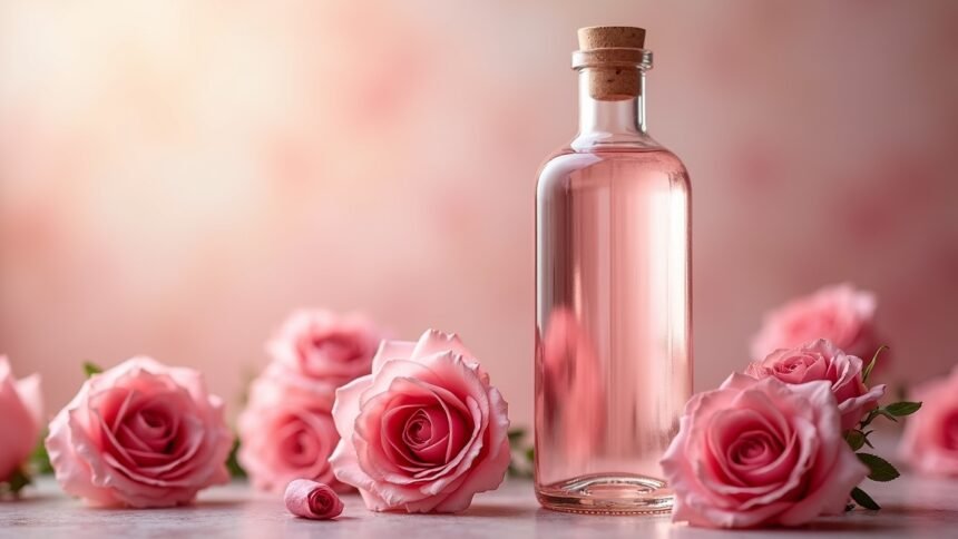 Damaszkuszi rózsavíz és rózsák egy romantikus háttér előtt