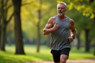 Felnőtt férfi futás közben a parkban, egészséges életmódot képviselve.
