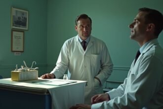 Két orvos beszélget egy lobotómia előkészítő szobában.