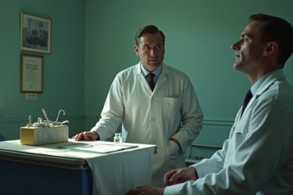 Két orvos beszélget egy lobotómia előkészítő szobában.