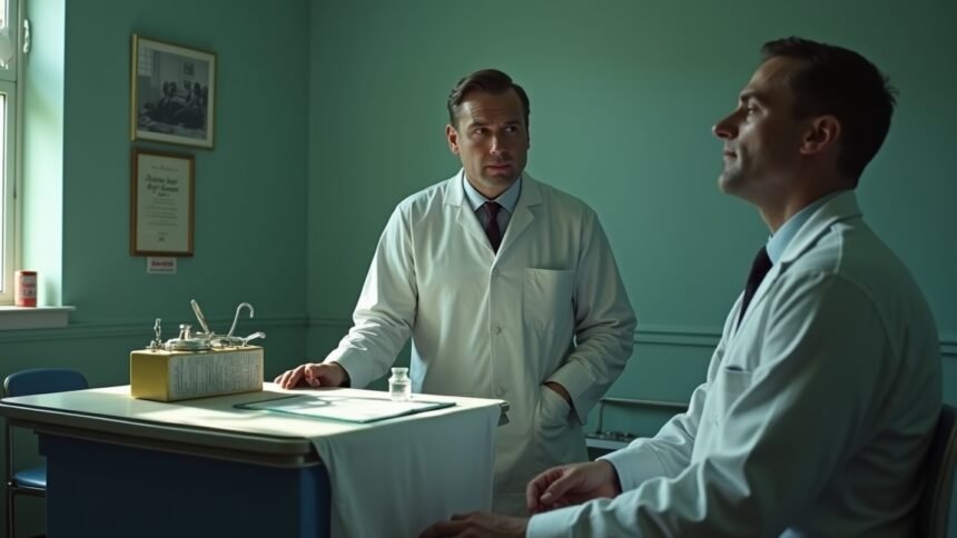 Két orvos beszélget egy lobotómia előkészítő szobában.