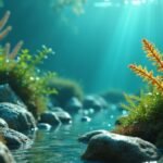 Fényes víz alatti táj, gazdag algákkal és kövekkel