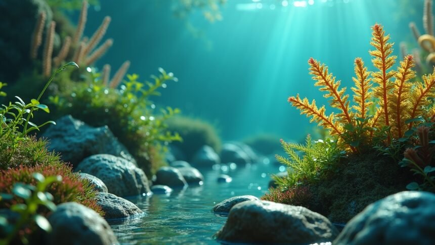 Fényes víz alatti táj, gazdag algákkal és kövekkel