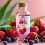 Aloe Berry Nectar üveg és friss gyümölcsök, mint eper és áfonya
