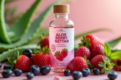 Aloe Berry Nectar üveg és friss gyümölcsök, mint eper és áfonya