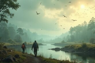 Túrázók a természetben, egy folyó mellett madarakkal a levegőben.