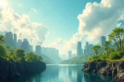 Zöld táj város háttérrel, ökológiai lábnyom csökkentése