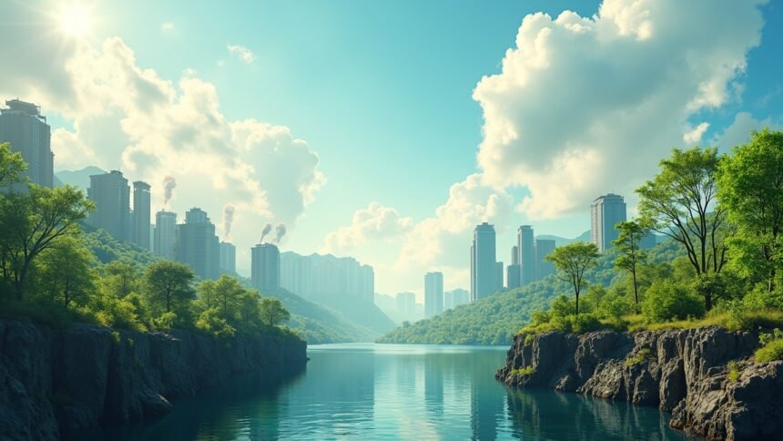 Zöld táj város háttérrel, ökológiai lábnyom csökkentése