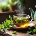 Gőzölgő palástfű tea friss gyógynövényekkel díszítve.