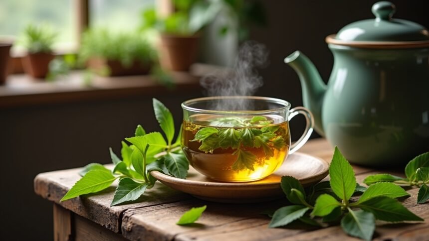 Gőzölgő palástfű tea friss gyógynövényekkel díszítve.