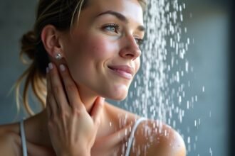 Nő hideg-meleg zuhany közben, a bőrén vízcseppek láthatók