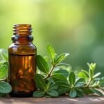 Kakukkfű illóolaj üveg palack és friss kakukkfű levelek.