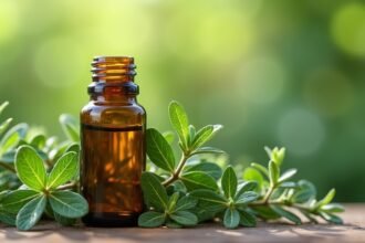 Kakukkfű illóolaj üveg palack és friss kakukkfű levelek.